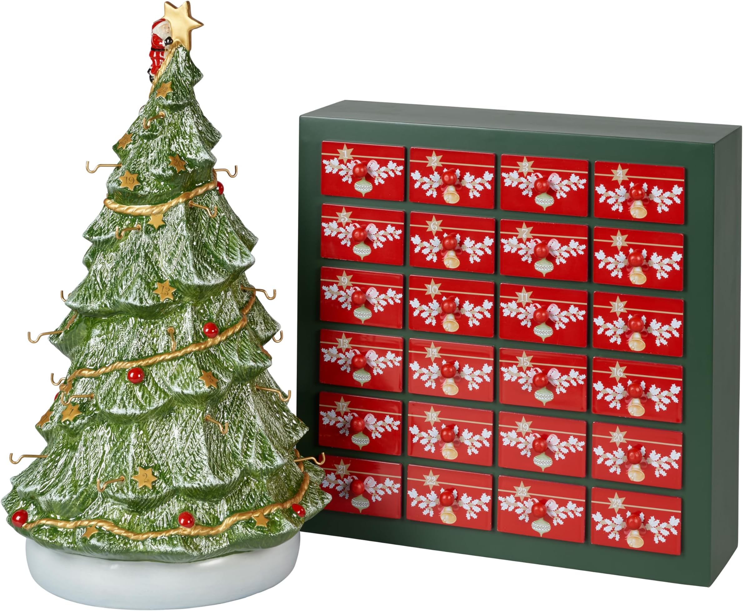Christmas Toys Memory Advent Calendar Set 26 Pieces, 24 Porcelain Figures, Porcelain Christmas Tree 3D and Wooden Calendar, Xmas Decoration Indoor, Christmas Figurines Decorations