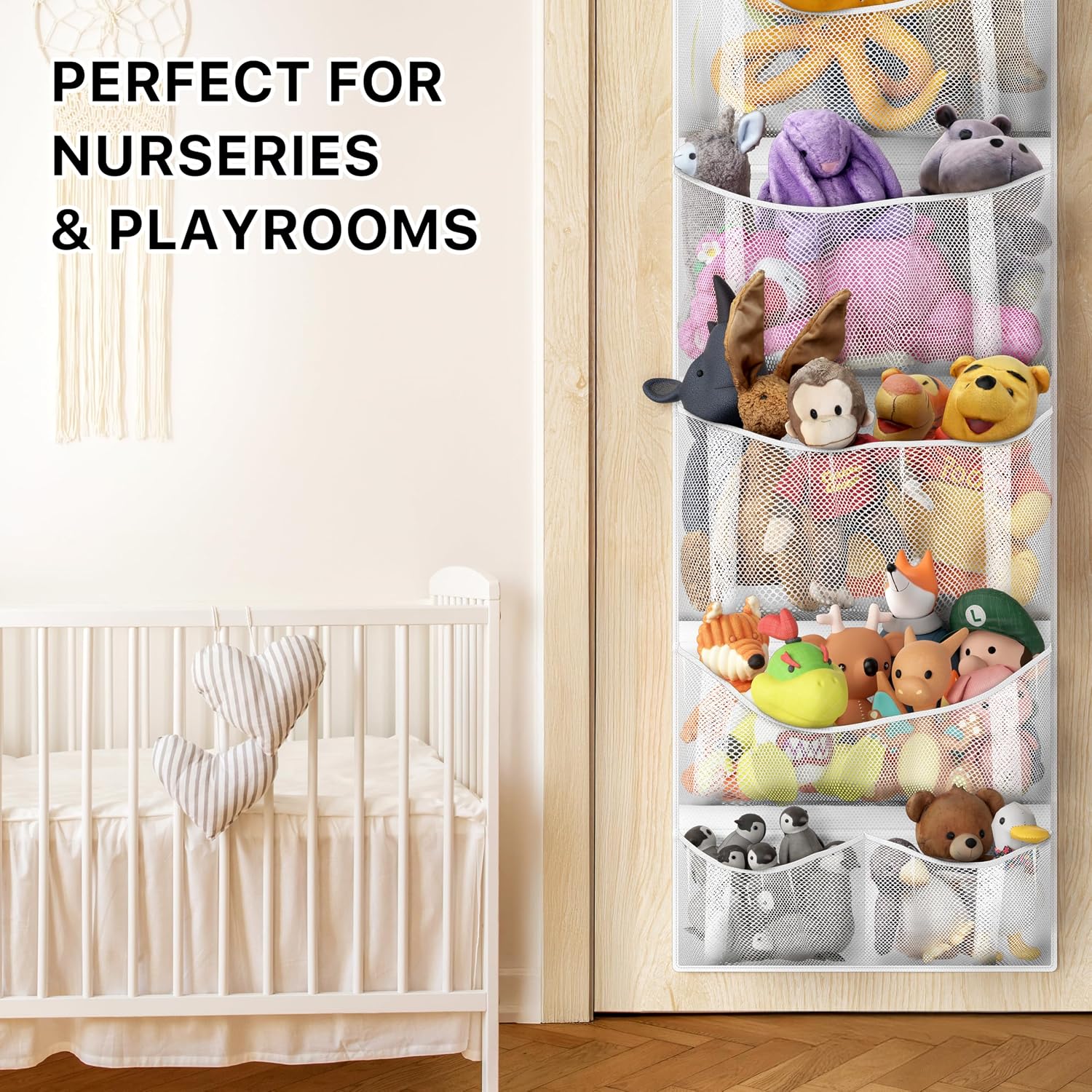 Simple Houseware Over the Door Stuffed Animal Storage Organizer, Hanging Toy Holder with 6 Mesh Pockets for Kids Room, White
