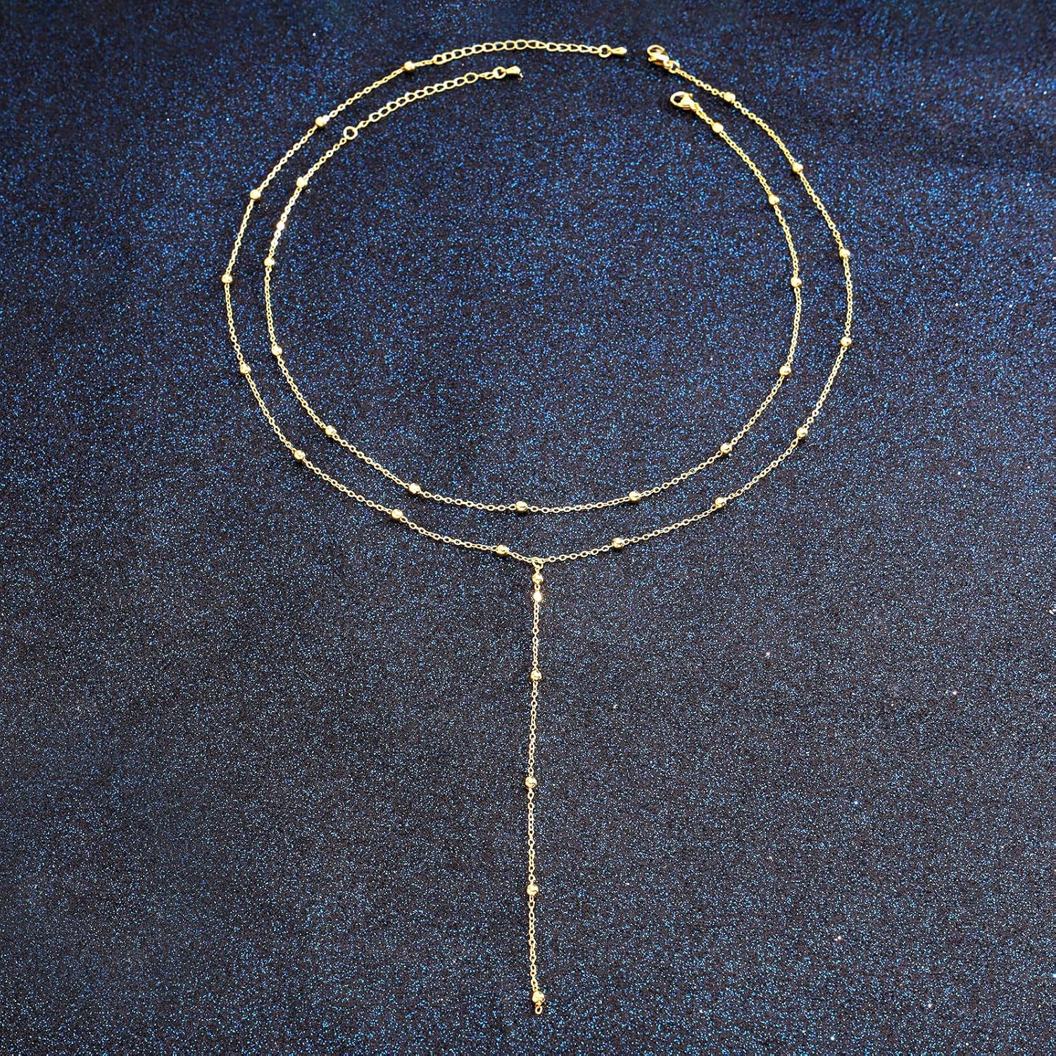 Lariat Gold Necklace for Women, Dainty Long Necklace 14k Gold Plated Y-Shaped Pendant Necklace Trendy Layered Beaded Chain Drop Necklaces Simple Gold Jewelry For Women Gifts - Image 4