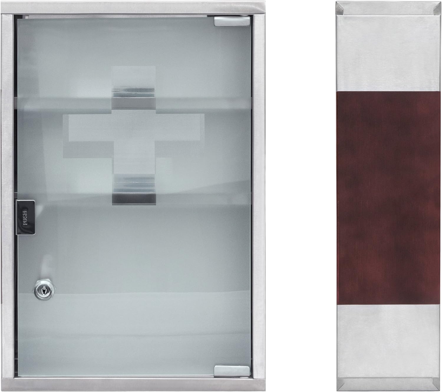 Relaxdays Emergency Medicine Cabinet Stainless Steel and Wood Effect XL H x W x D: 45 x 30 x 12 cm with 3 Compartments and Glass Door for Locking, Includes 2 Keys for First Aid Modern Style for