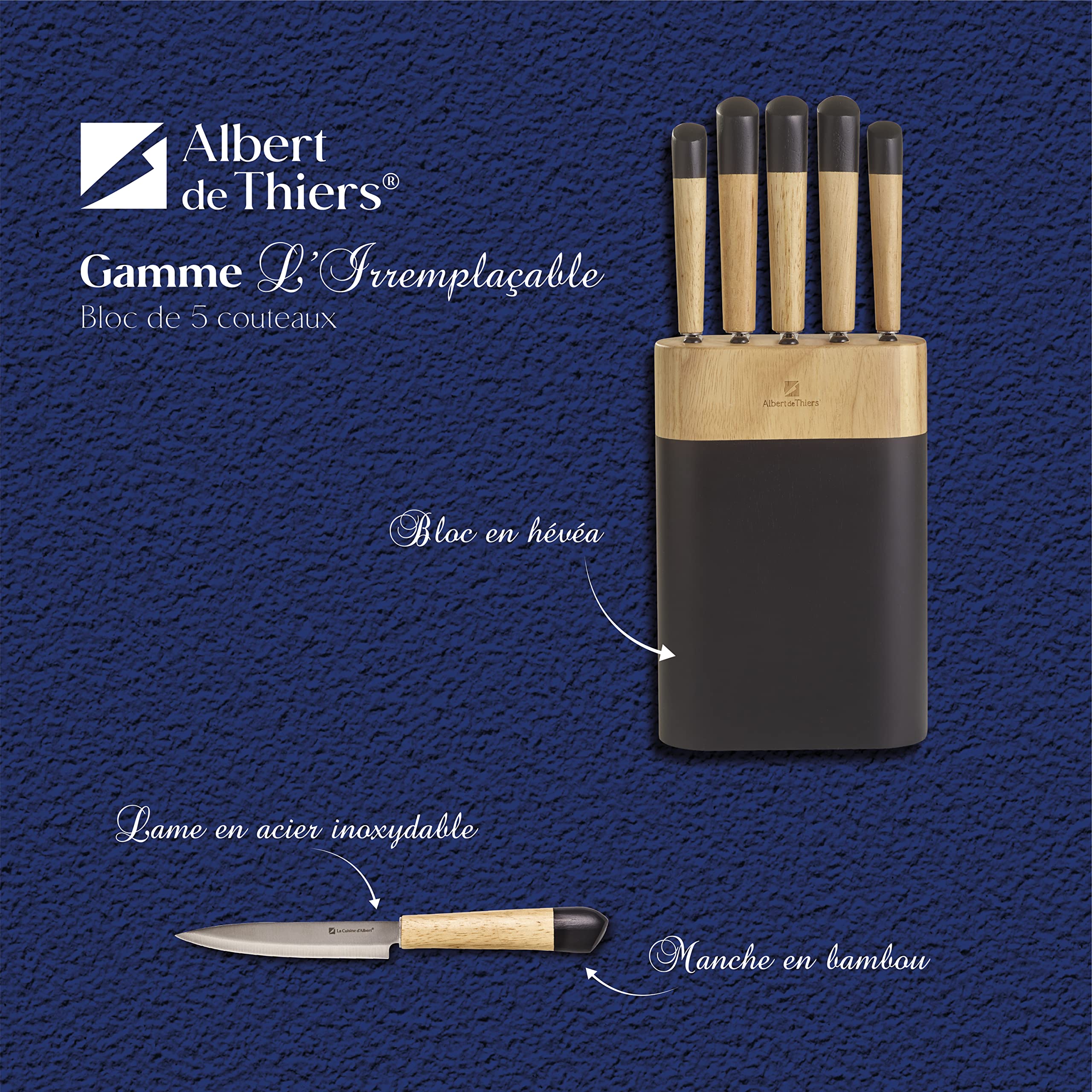Albert de Thiers - Bloc de Couteaux L'Irremplaçable - 5 Couteaux en Acier Inoxydable 2Cr14 Gravé - Manches en Bois d'Hévéa - Bloc 15x22x7 cm - Lames Tranchantes et Durables - Boîte Cadeau Élégante