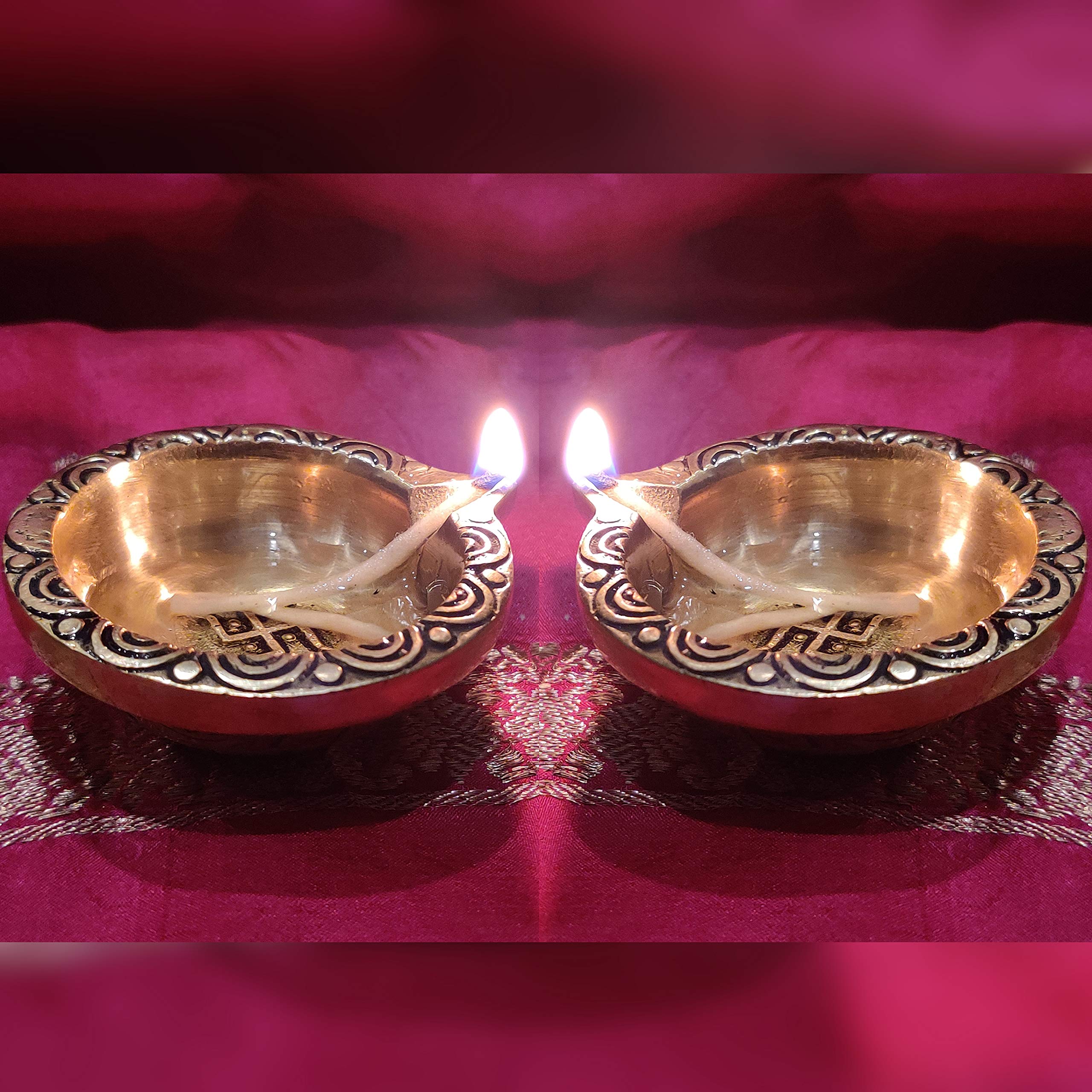 Divya Mantra Swastik Laxmi Brass Diya Indian Diwali Oil Lamp Pooja Light Puja Decorations Mandir Decoration Items Handmade Table Home Backdrop Decor Lamps Made in India Decorative Diyas - Gold (10) - Image 5 thumbnail