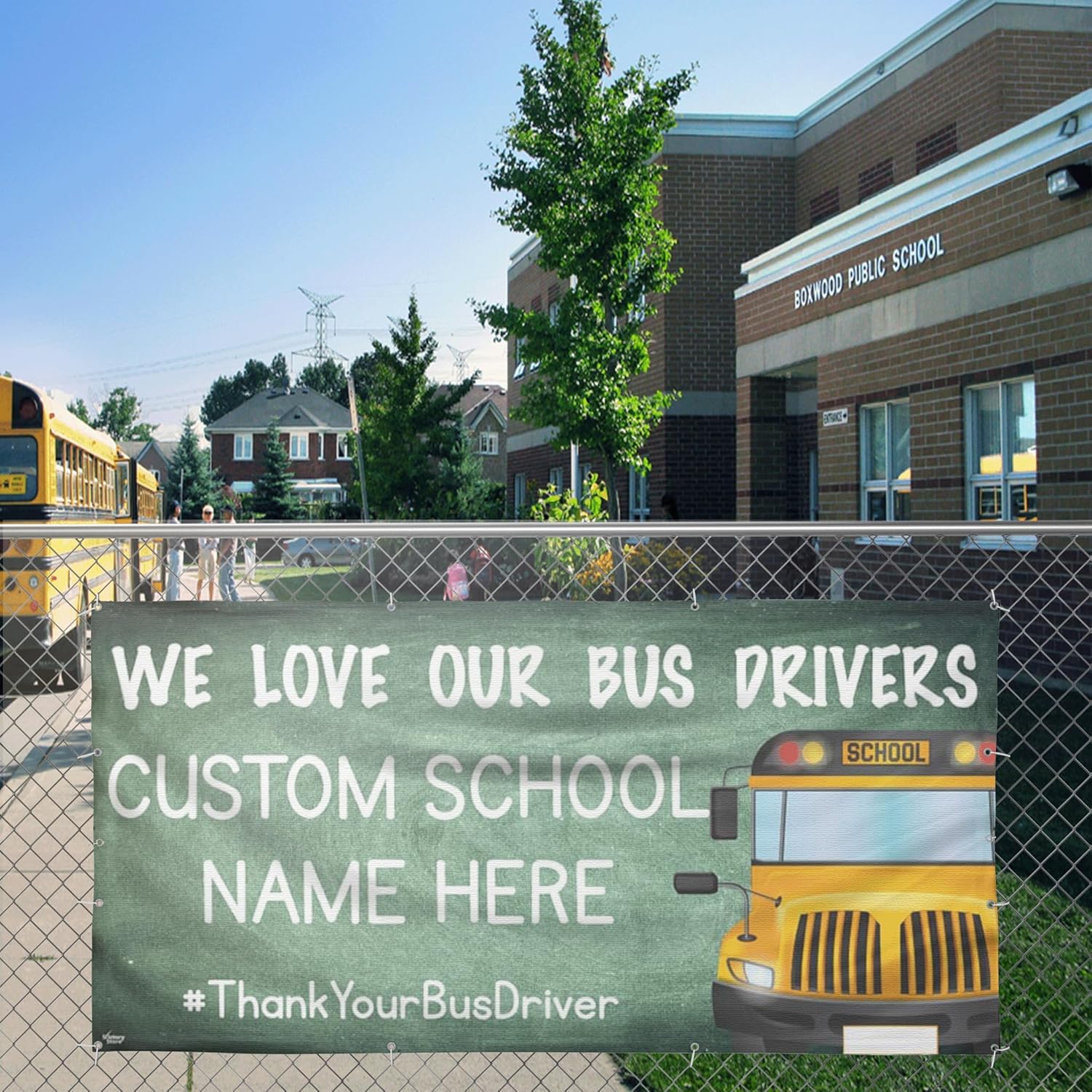 VictoryStore Custom School Bus Driver Appreciation Day Banner- We Love Our Bus Drivers with Custom School Name, Waterproof Vinyl Banner Includes Grommets (2x4 Feet)