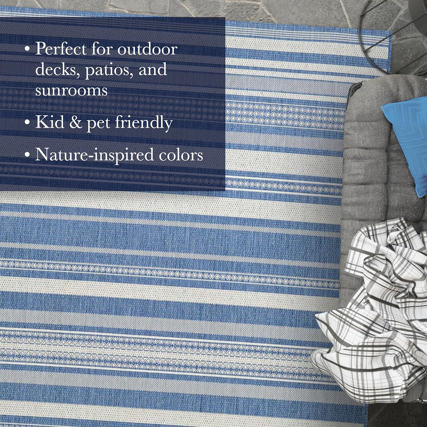 Couristan Recife Indoor Outdoor Rug - Gazebo Stripe 5'3" x 7'6" Rectangle in Ivory and Blue, Low Pile, Hose Washable, Pet- Kid Friendly Home Decor for Living Room, Patio Furniture Set, Kitchen