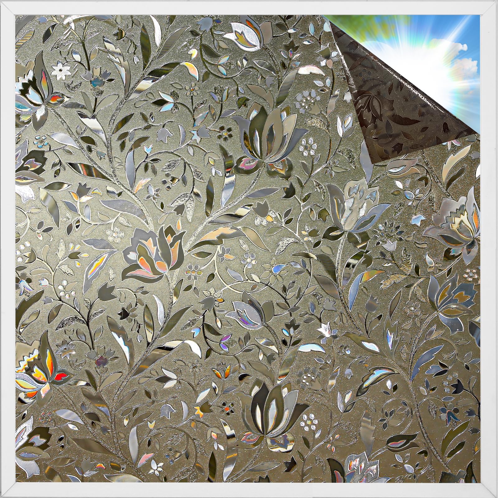 rabbitgoo Window Privacy Film, Decorative Stained Glass Window Film, Heat Blocking Glass Clings, Renter-Friendly Static Cling Frosted Sticker Covering for Home, Taupe Tulip 17.5" x 118.1"