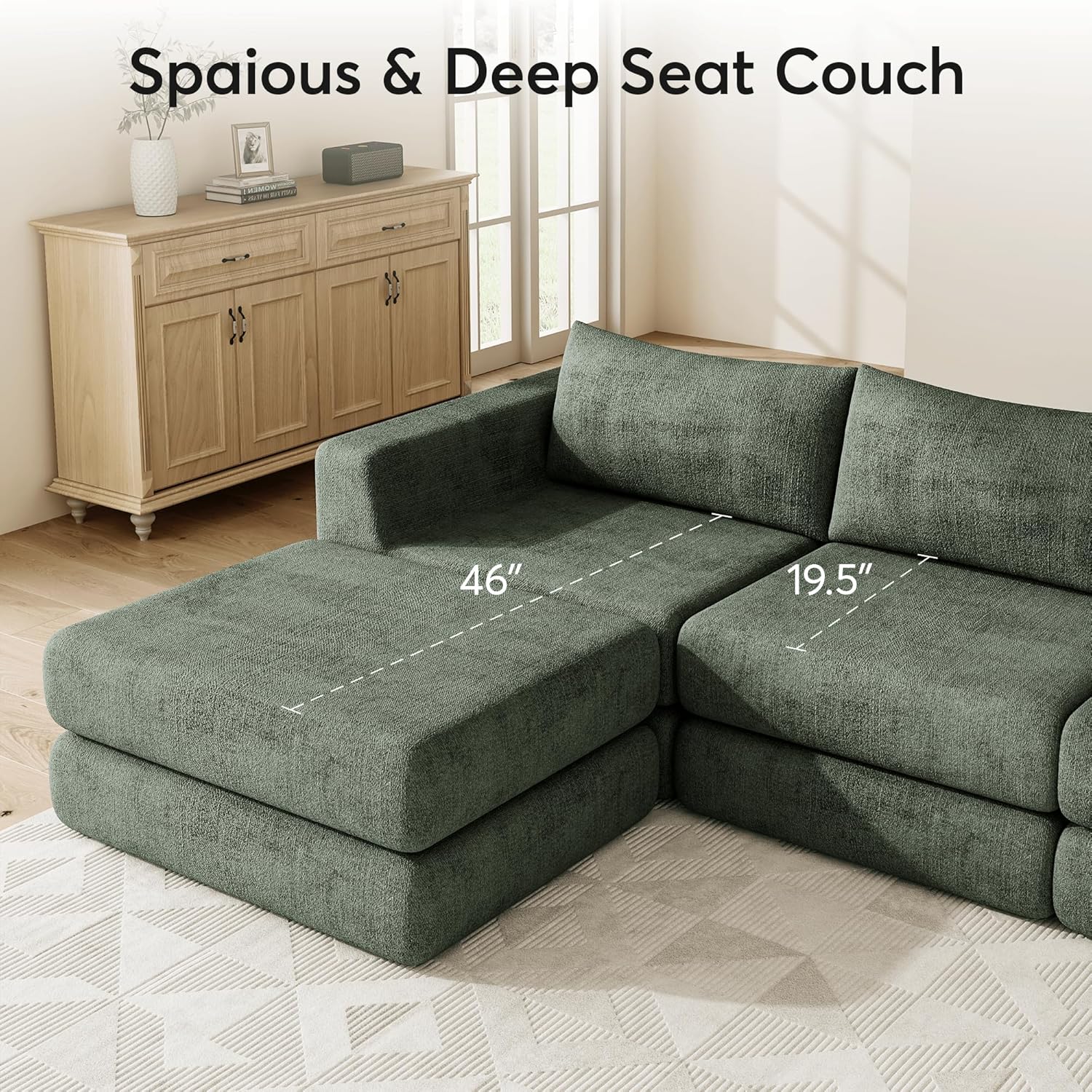 Cloud Boneless Modular Sectional Sofa, L-Shaped Chenille Couch, Convertible Sleeper Bed with Ottoman, Deep Seat for Living Room, No Assembly (Green, 69inch)