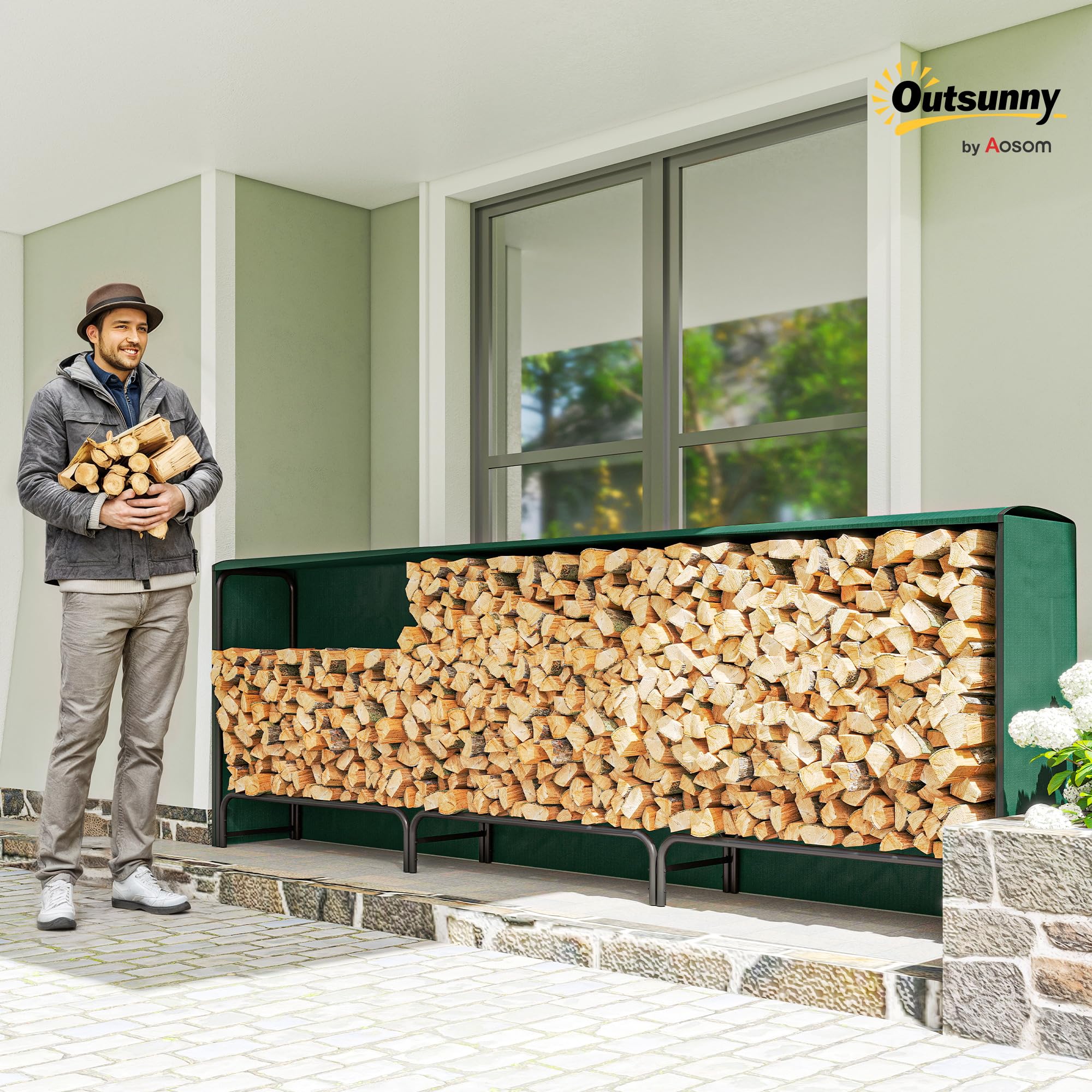 Outsunny Legnaia da Esterno in Metallo 1m³ 300x36x99 cm Nero e Verde Scuro