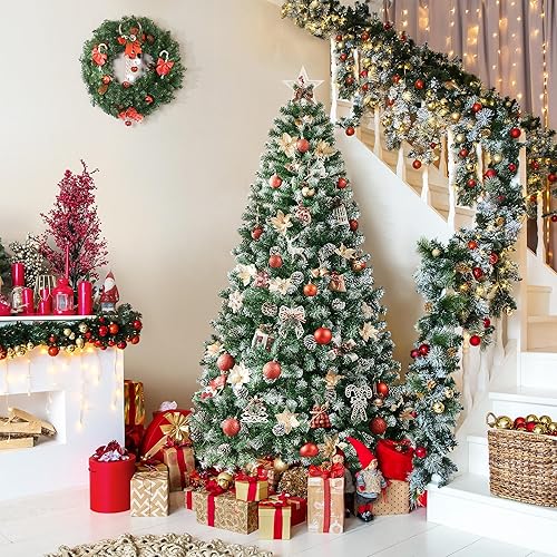 Miniatura 5 de Yaheetech Árbol de Navidad artificial de 6 pies, árbol de Navidad flocado con 64 piñas, 920 puntas esmeriladas, árbol predecorado para decoración de