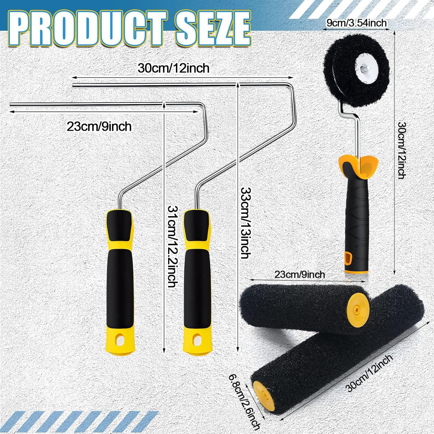 3 Pcs Drywall Compound Roller Includes 9 Inch 12 Inch Drywall Texture Roller and Corner Mud Brush for Putty Textured Coatings Ceiling Wall Covering Tools