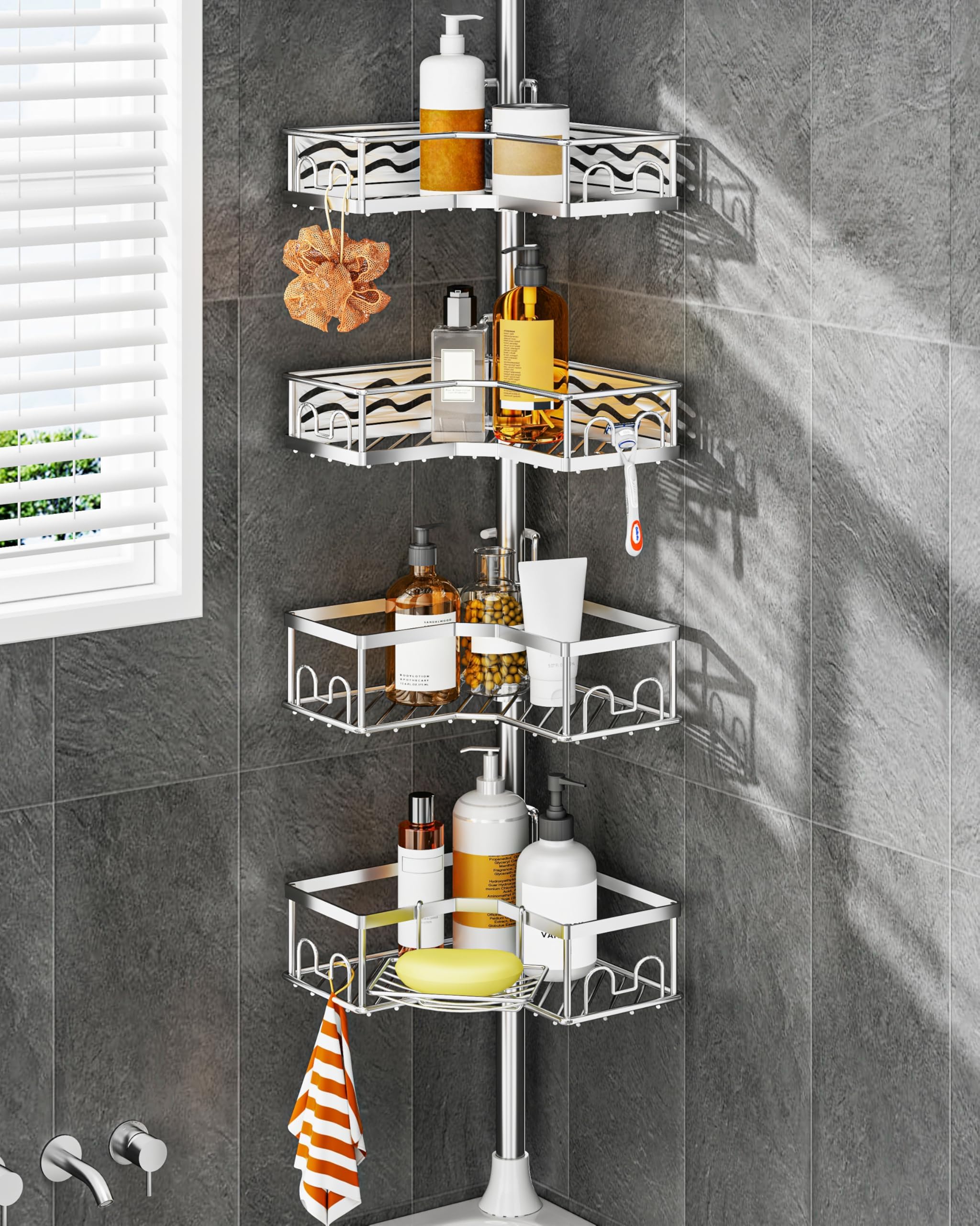 ALLZONE Corner Shower Caddy Tension Pole with 4 Repositionable Hang-On Baskets, Mixed-Height Shelves for Tall Bottles, 8 Dual Hooks & Soap Dish, Rust-Resistant Stainless Steel, Adjustable 34-116 Inch