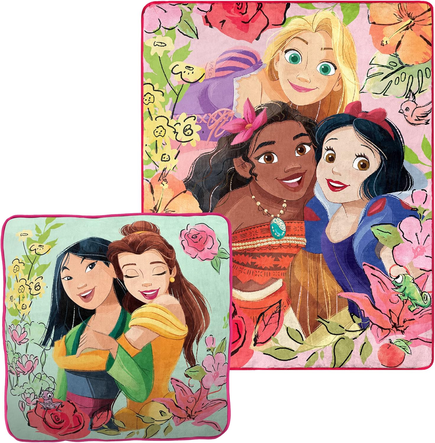 Northwest Disney Princess Cloud Stretch Pillow and Silk Touch Throw Blanket Set, 14" Pillow, 40" x 50" Blanket, Floral Smiles