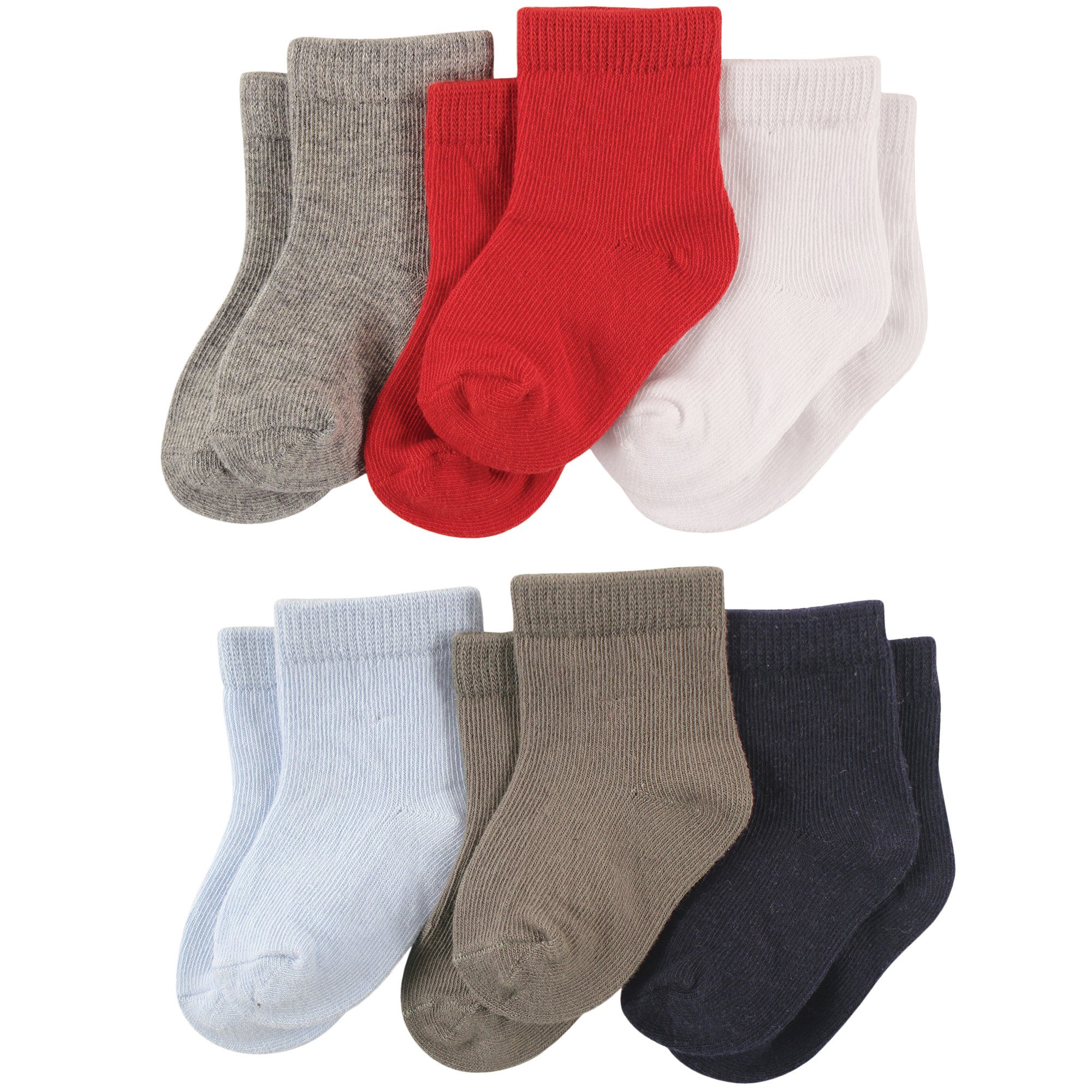Luvable Friends Baby Solid Crew Socks 6-Pack, Blue, Red and Gray, 12-24 Months
