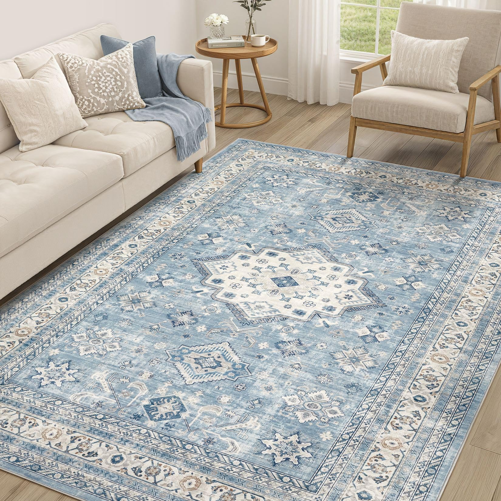 Vintage Living Room Area Rug 6x9 - Large Soft Washable Oriental Traditional Distressed Farmhouse Rugs for Bedroom - Indoor Floor Accent Carpet for Home Office House Decor - Blue โ image 1