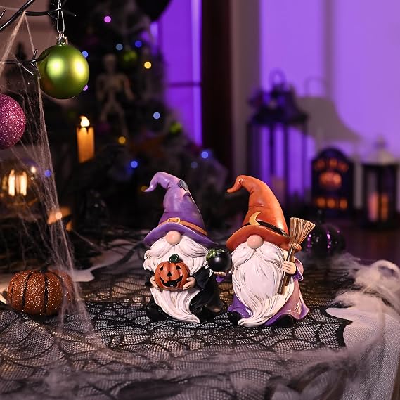 Valery Madelyn Gnomes Halloween Decorations Indoor, 2 Pcs Resin Gnome Decor for Home with Witch Hat Broom Jack O Lantern Moon, Halloween Figurines Elf Dwarf for Table Tiered Tray Outdoor, 6.3
