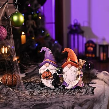 Valery Madelyn Gnomes Halloween Decorations Indoor, 2 Pcs Resin Gnome Decor for Home with Witch Hat Broom Jack O Lantern Moon, Halloween Figurines Elf Dwarf for Table Tiered Tray Outdoor, 6.3