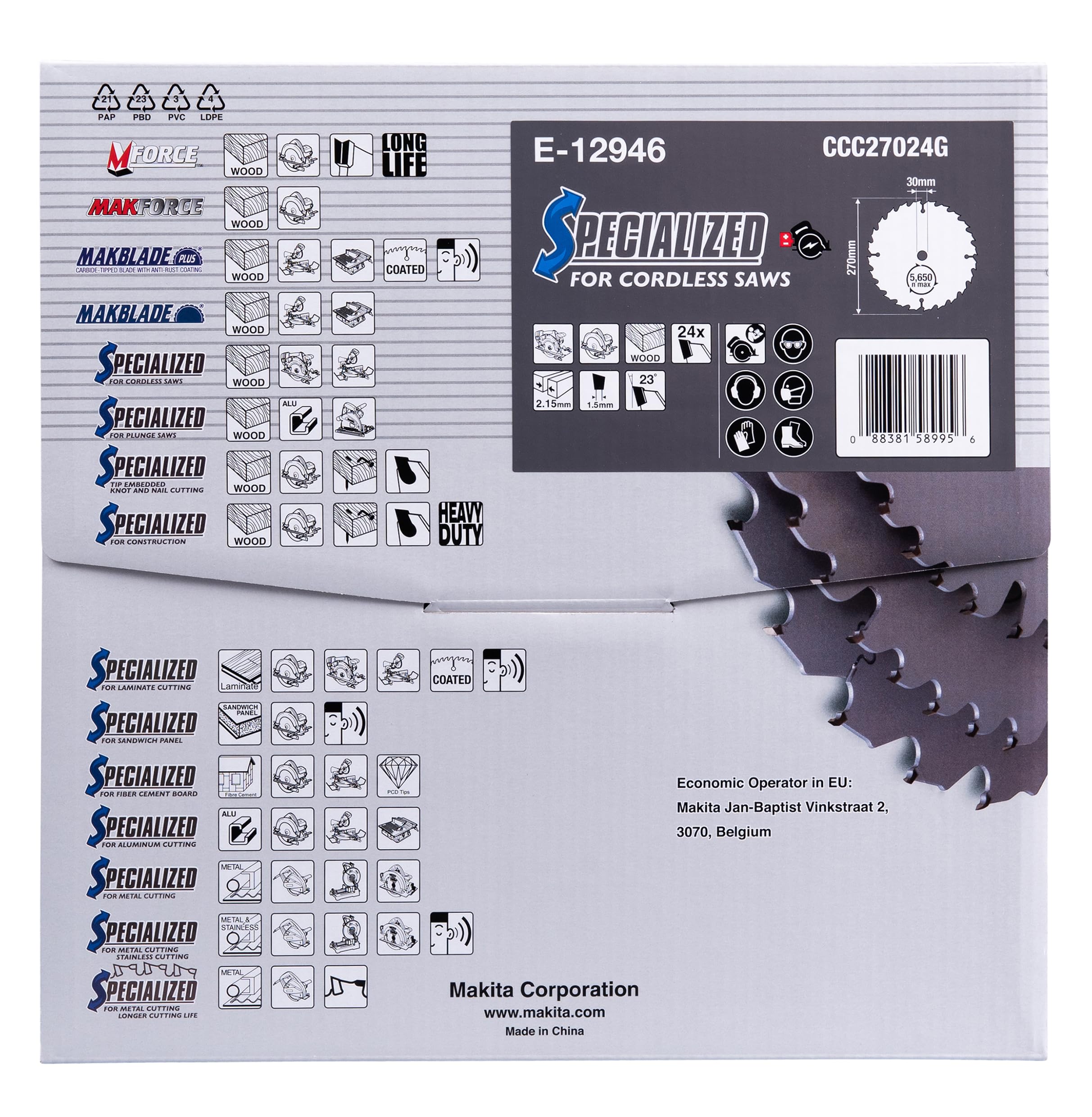 Makita E-12946 Hoja de sierra circular Efficut TCT 270 x 30 mm 24T Madera