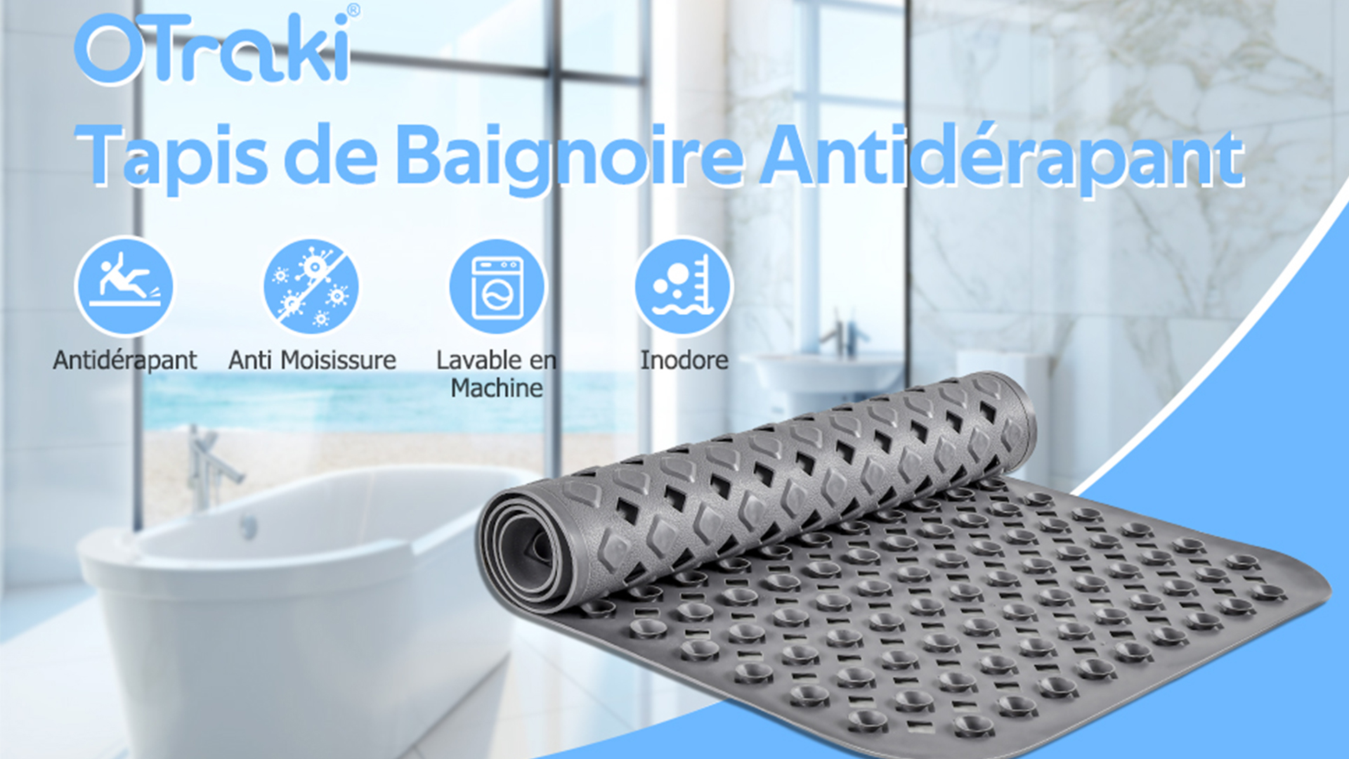 Ibenzoa® Tapis de douche antidérapant gris avec trous d'évacuation et