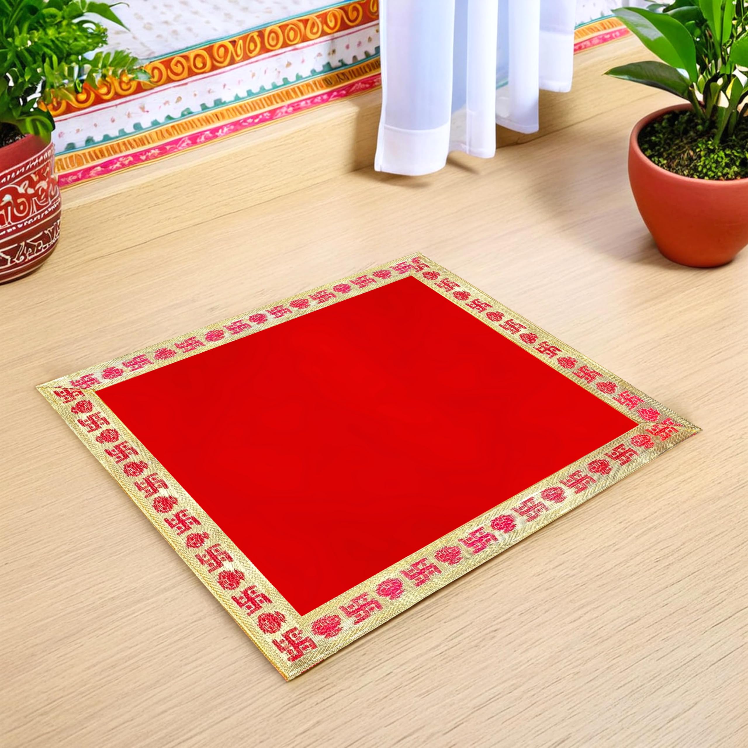 Pink Sky Velvet Aasan Mat | Pooja Aasan Mat | Golden Lace Satya Prayer Mat | Traditional Chowki Prayer Mat |Size : 12 x 12 Inch| Red (1, Square)-image-26