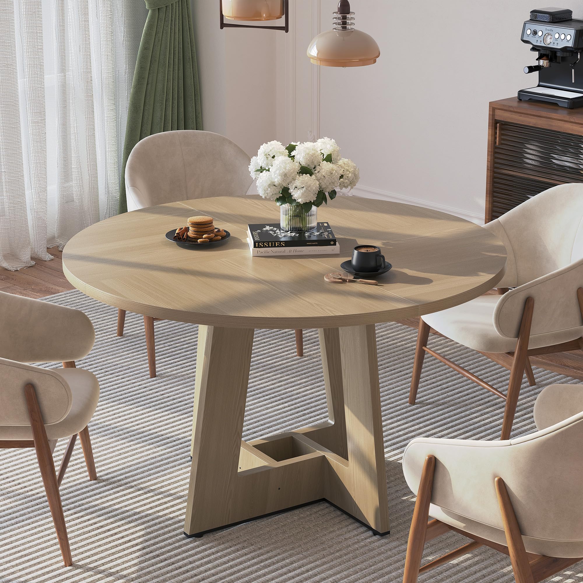 APICIZON Round Dining Table for 4-6 People, Natural Kitchen Table, 120CM Farmhouse Dinning Tables, No Shaking, More Durable, for Kitchen and Living Room, Easy to Assemble (only table)
