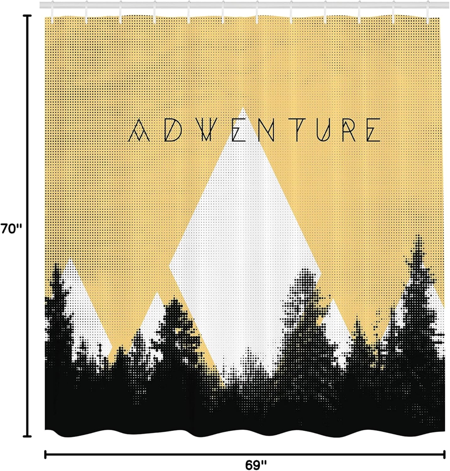 Ambesonne Adventure Shower Curtain, Forest Halftone Effect Hipster Typography Camping in Mountains, Cloth Fabric Bathroom Decor Set with Hooks, 69" W x 70" L, Black Mustard