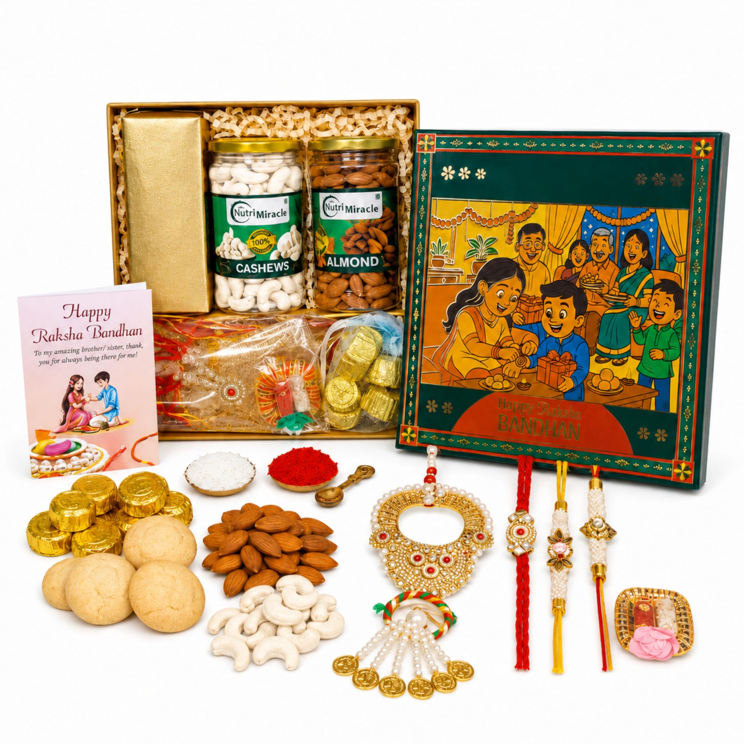 NUTRI MIRACLE Raksha Bandhan Dry Fruit Gift Hamper | Set of 4 Rakhis – 3 Designer Rakhi for Brothers & 1 Lumba Rakhi for Bhabhi-image-2