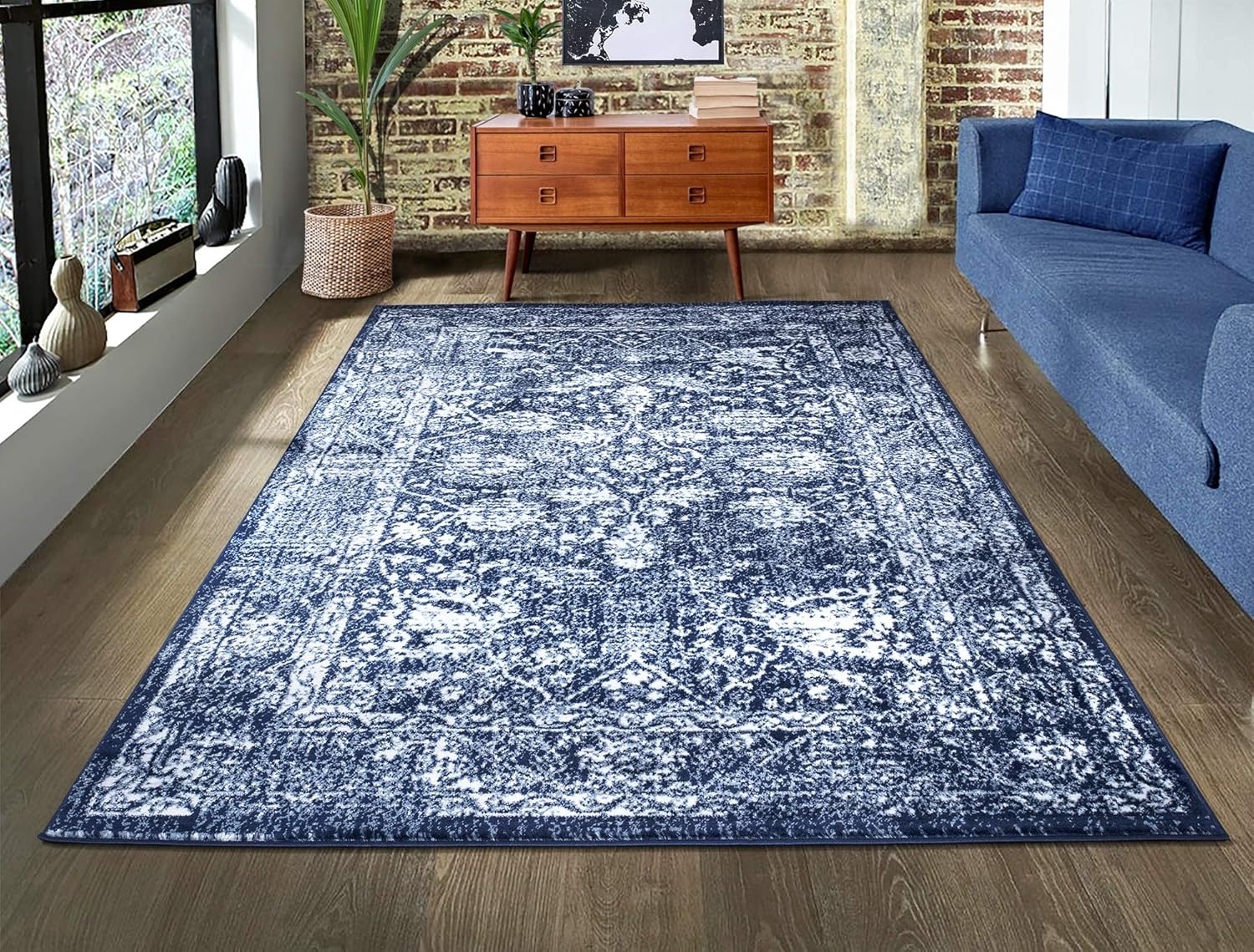 A2Z Rug Santorini Navy Blue Vintage Floral Rug with Border Soft