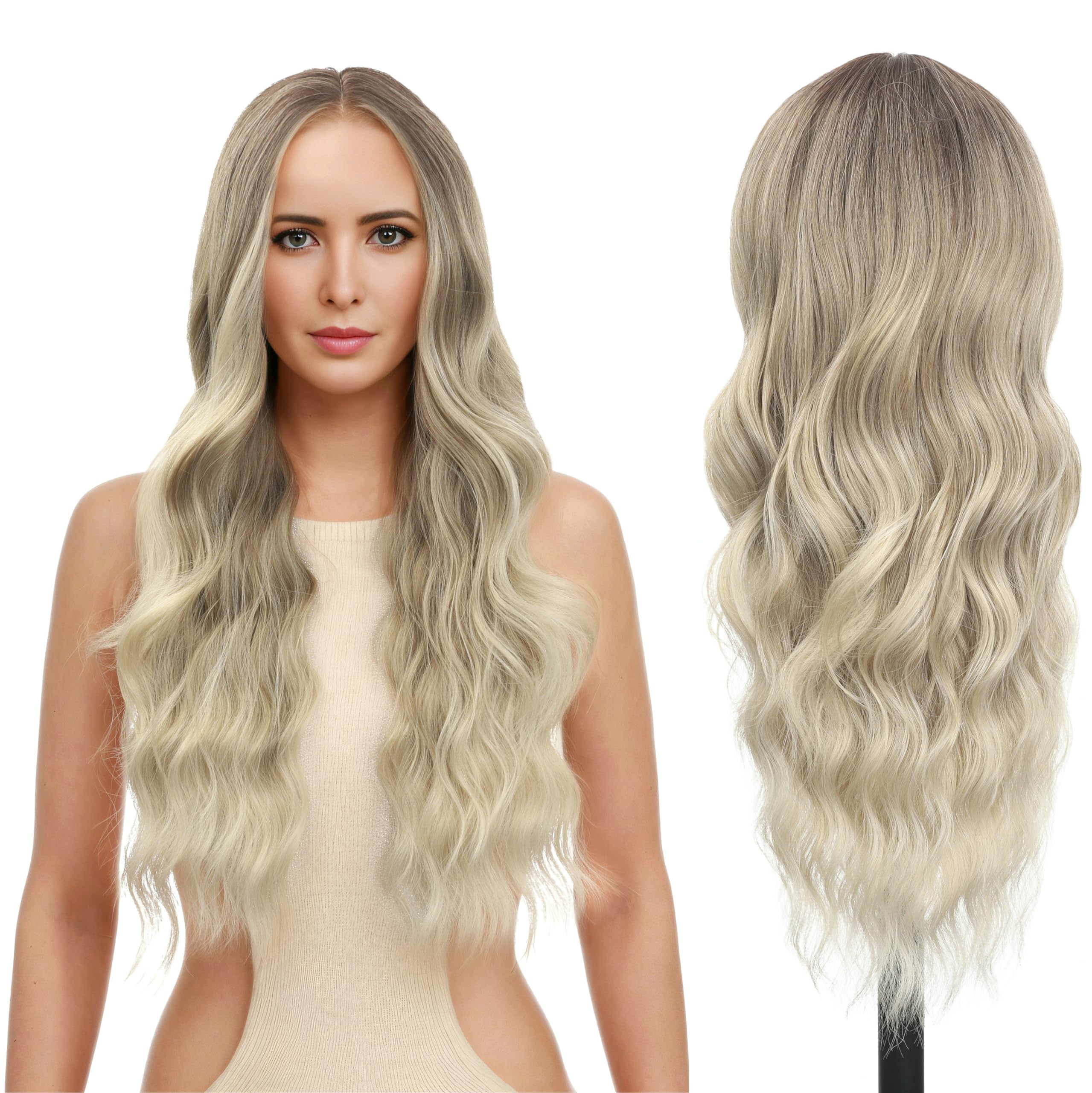 FUTAI Long Wavy Wig 30 Inch Ombre Ash Blonde HD Front Lace Body Curly Synthetic Hair Wigs for Women Professional Female Diverse Styles Daily Party