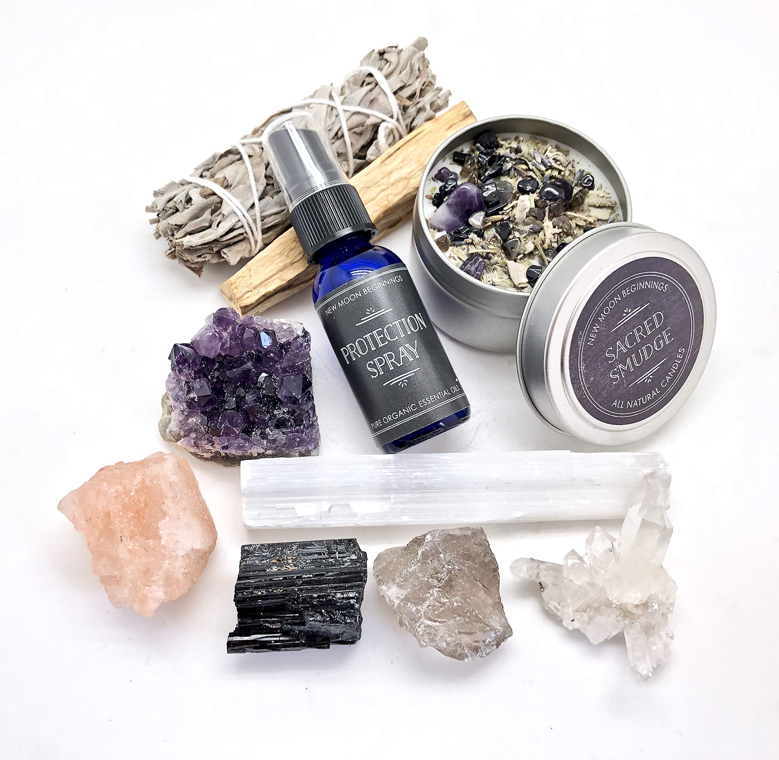 New Moon Beginnings Protection Shield & Smudge Kit with Sacred Smudge Candle, Protection Spray, White Sage, Palo Santo, Amethyst, Black Tourmaline, Smoky Quartz, Clear Quartz, & Selenite