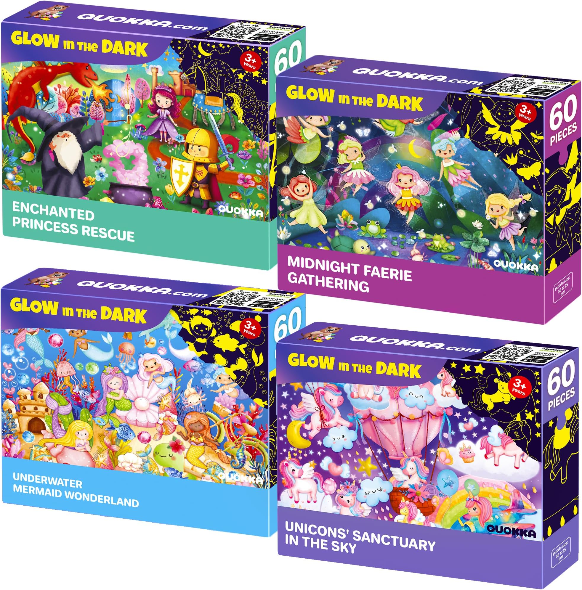 QUOKKA Puzzles For 3 4 Year Olds - 4x60 Glow Jigsaw Puzzles For Kids - Princesses, Unicorns, Faerie & Mermaid Wonderland Jigsaws For Children Age 4 5 - Gift Game for Boys & Girls 7 8