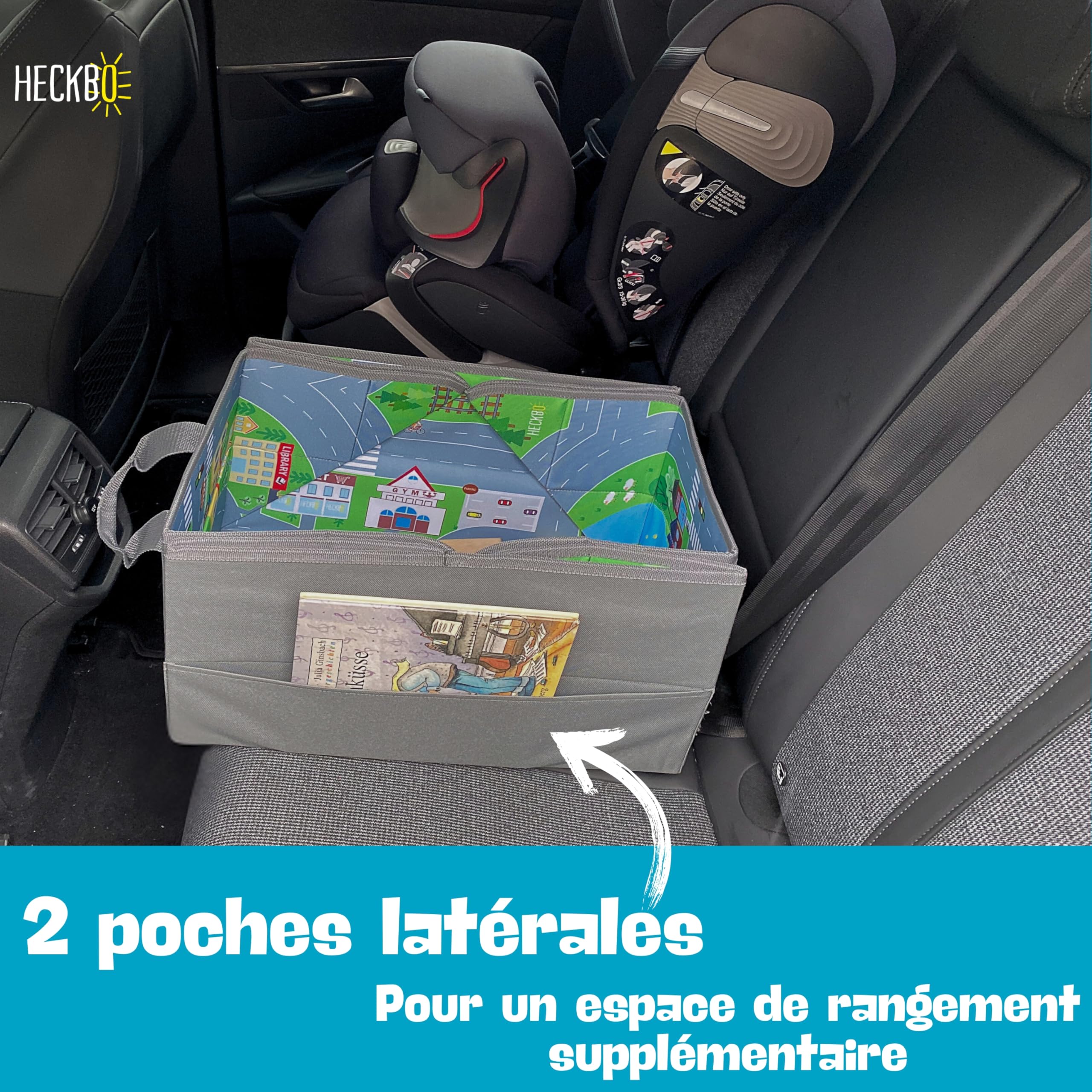 HECKBO Organisateur de voiture et tapis de jeu 4 en 1 - Boîte de rangement de jouets pour enfants - Tapis de jeu pliable avec motif de rue - Fixation sûre dans la voiture, 91cm x 72cm