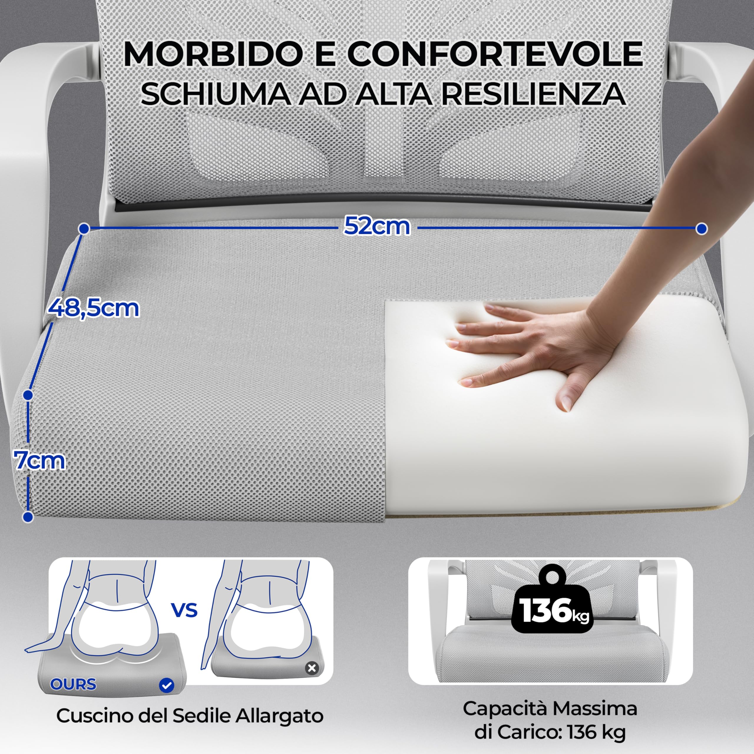 Yaheetech Sedia da Scrivania Ufficio Ergonomica a Rotelle Girevole Reclinabile in Rete Traspirante con Braccioli Altezza Regolabile Portata 136 kg Grigio Chiaro