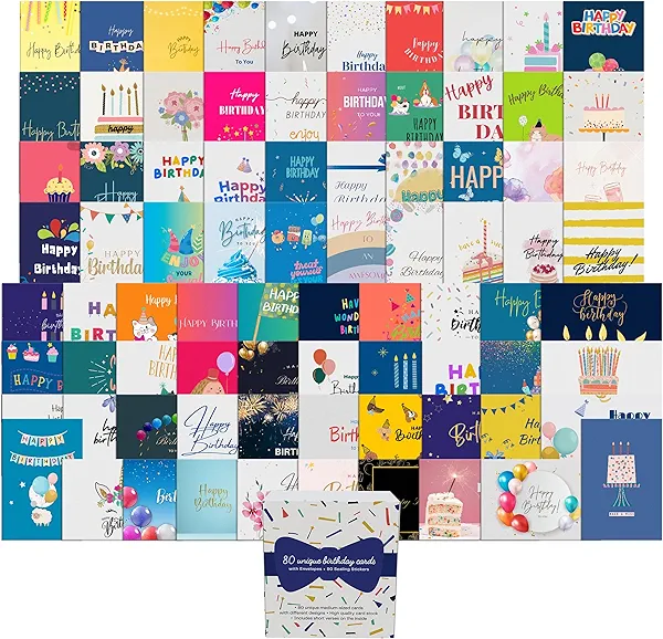 Dessie 80 Unique Happy Birthday Card Assortment – Bulk Birthday Cards with Envelopes, Message Inside, Box & Gold Seals – Assorted Birthday Cards Multipack for Employees Men Women
