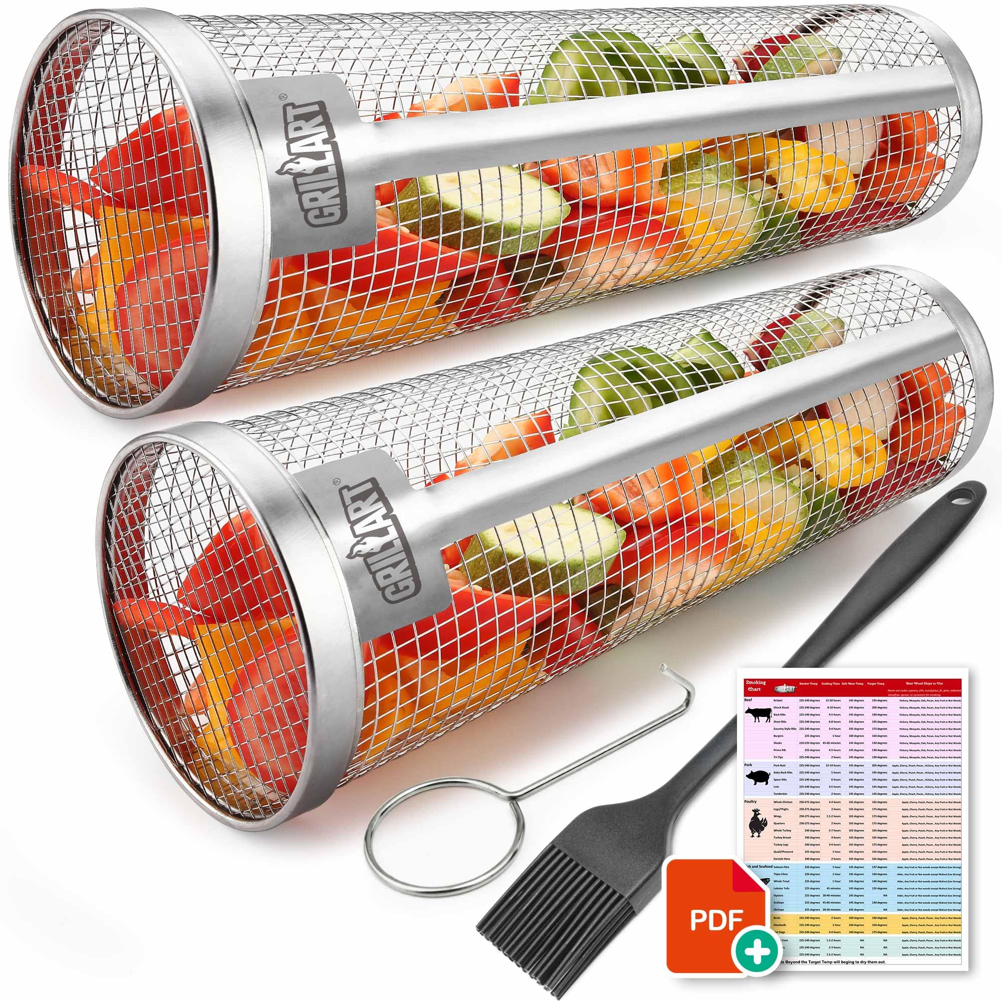 Grill Basket Set - 2 PCS Stainless Steel Rolling Grilling Baskets for BBQ, Ideal for Cooking Meat, French Fries, and Vegetables on Camping or Outdoor Barbecue Large(11.42 inch)
