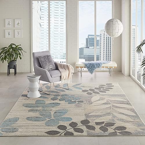 Nourison Tranquil - Alfombra floral marfilazul claro, 8 pies 10 pulgadas x 11 pies 10 pulgadas, fácil de limpiar, no se desprende, dormitorio, sala