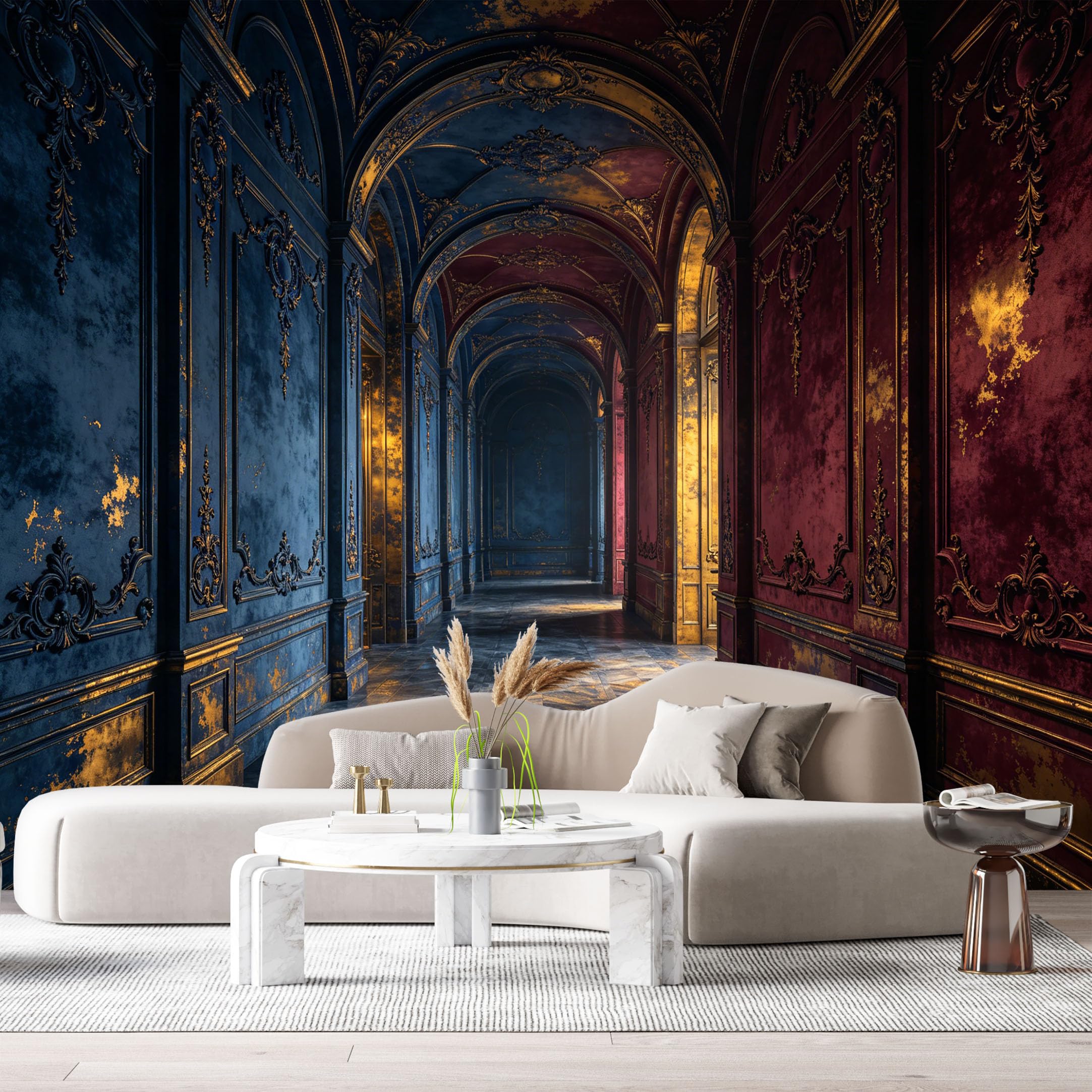 Custom Size Wall Murals Vintage Neoclassical Ornate Hallway Golden Blue Red Decor SelfAdhesive Wall Fabric Removable Large Wallpaper for Photo Living Room