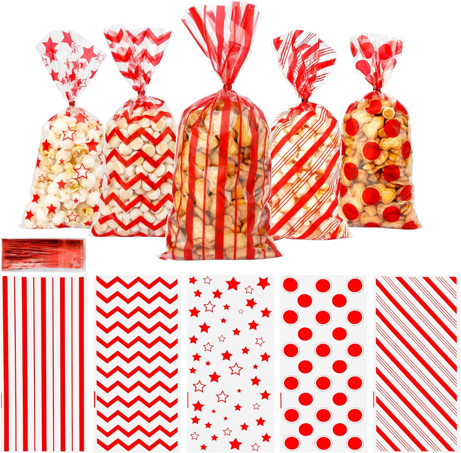 Valentines Cellophane Treat Bags, 100 PCS Red Candy Bags, Plastic Valentines Cookie Goodie Gift Bag Snack Bag with Twist Ties for Valentine's Day Weddings Holidays Birthday Party Favor Supplies