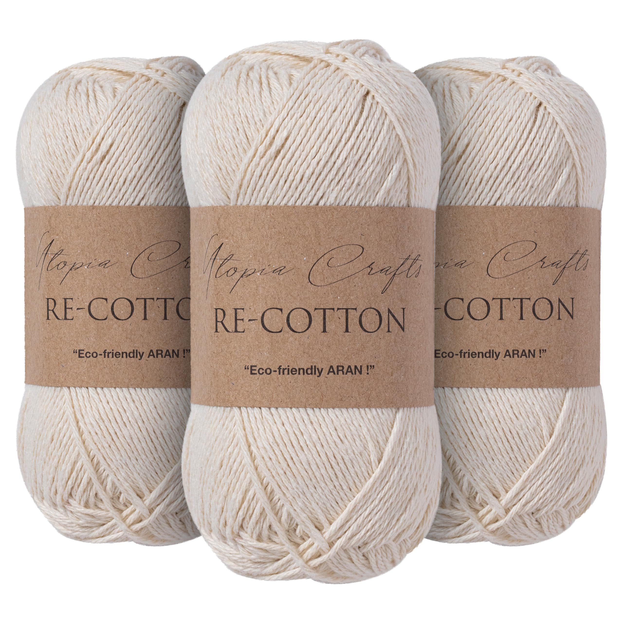 Utopia Crafts Re-Cotton Knitting Yarn, 3X 100g (Cream)