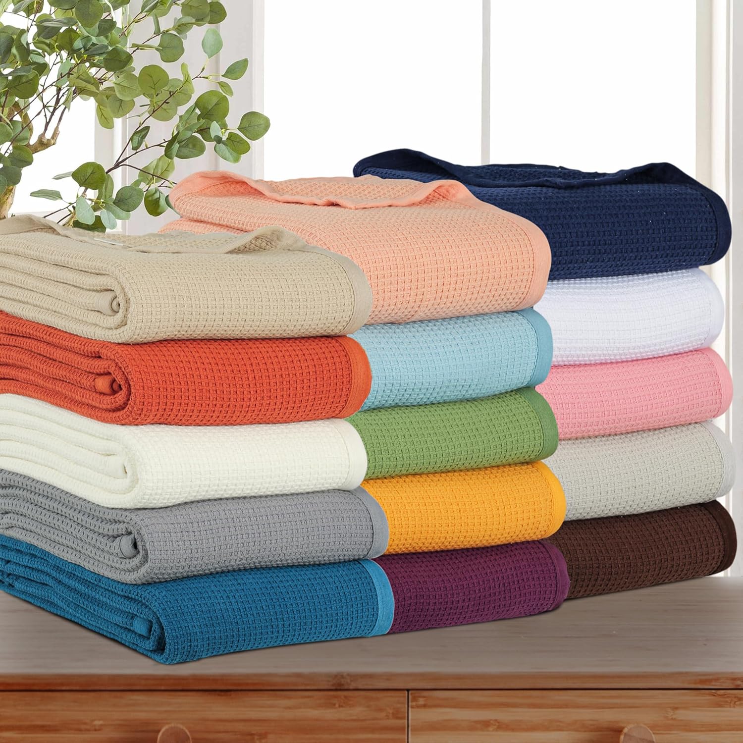 TreeWool 100% Cotton Queen Size Blanket for Bed - Waffle Weave Soft Breathable Cozy Comfortable and Lightweight (90x90 Inches, Mustard)