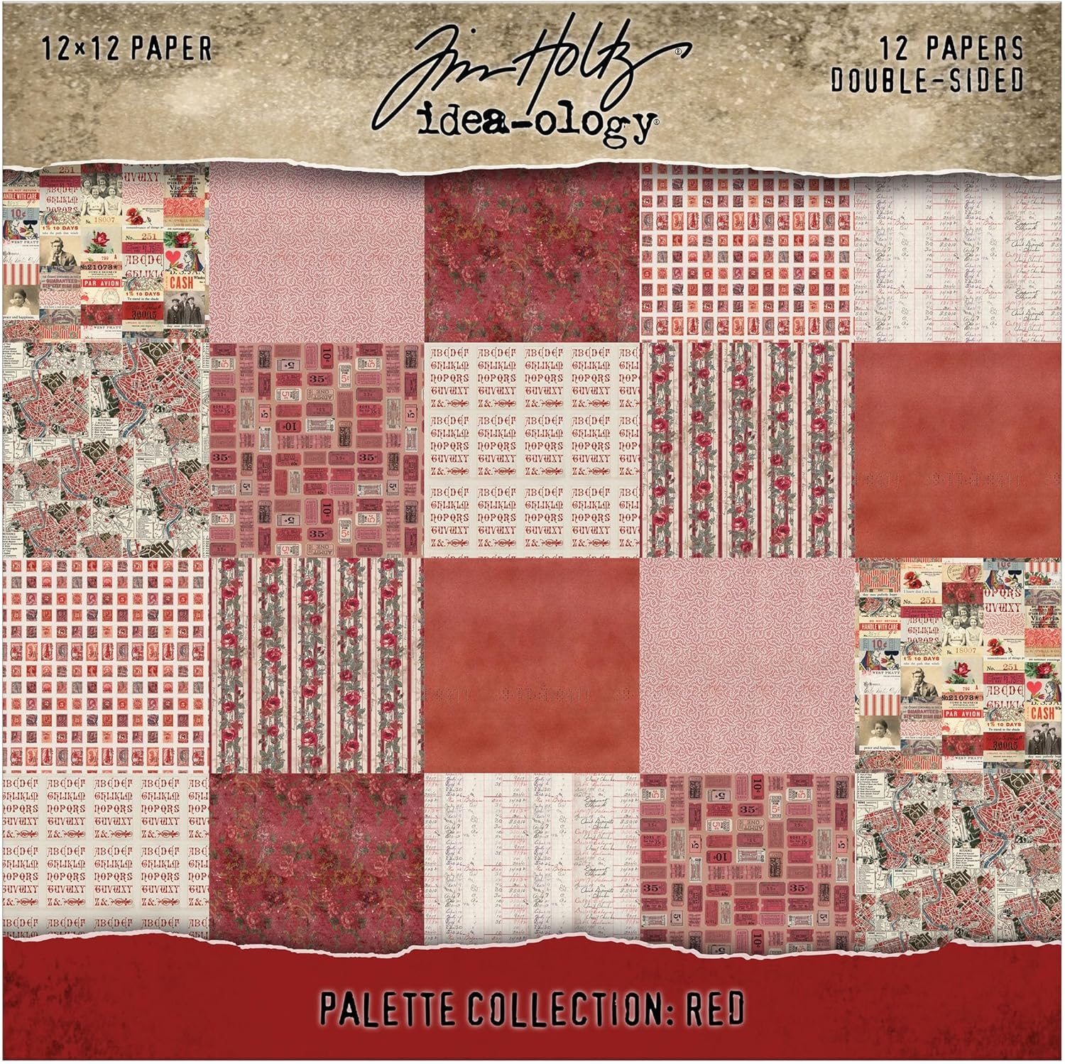 Tim Holtz Idea-ology 12x12 Cardstock - 12 Double Sided Decorative Square Paper Sheets, Red Palette Collection