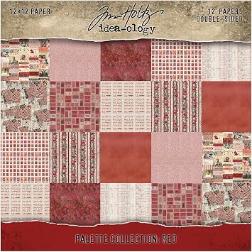Tim Holtz Idea-ology 12x12 Cardstock - 12 Double Sided Decorative Square Paper Sheets, Red Palette Collection