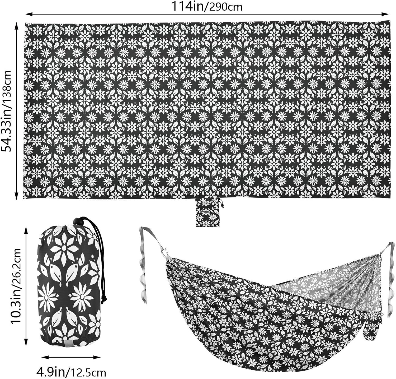 ALAZA White Geometric Floral Camping Hammocks Single or 2 Person 500 lbs Portable Parachute Travel Hammock w/Tree Straps for Hiking Backpacking Indoor Outdoor