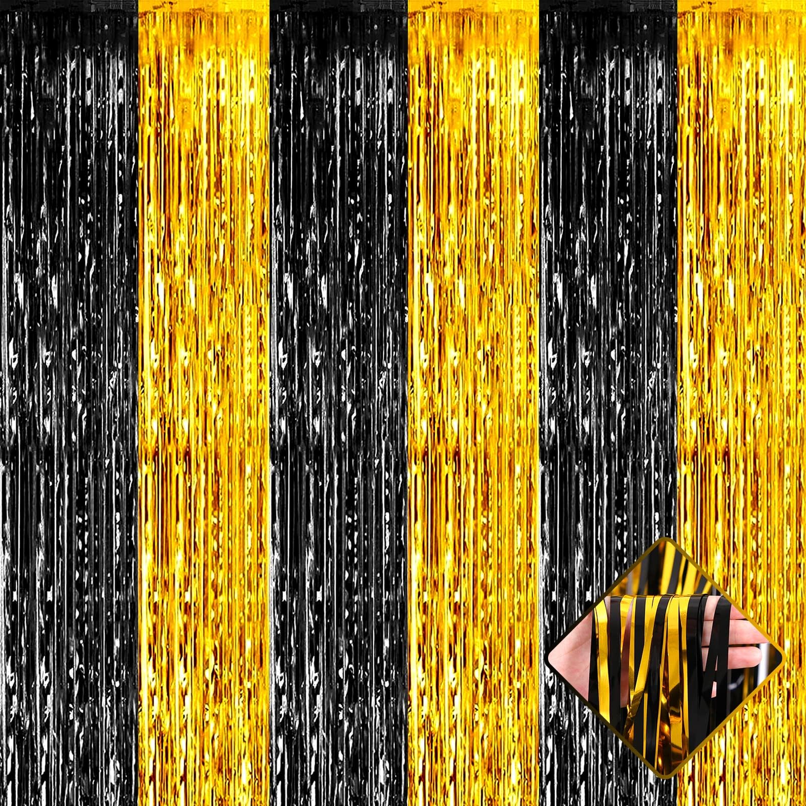 4 Pack 3.2Ft x 8.2Ft Black Gold Foil Fringe Curtain Backdrop, Metallic Tinsel Foil Fringe Streamers Curtains Background for Photo Booth, Birthday, Wedding, Mardi Gras, Graduation Party Decoration