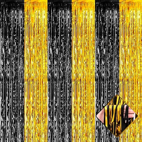 Paquete de 4 cortinas de flecos de papel de aluminio dorado negro de 3.2 pies x 8.2 pies, cortinas de oropel metálico con flecos para cabina de disponible en Yaxa Peru