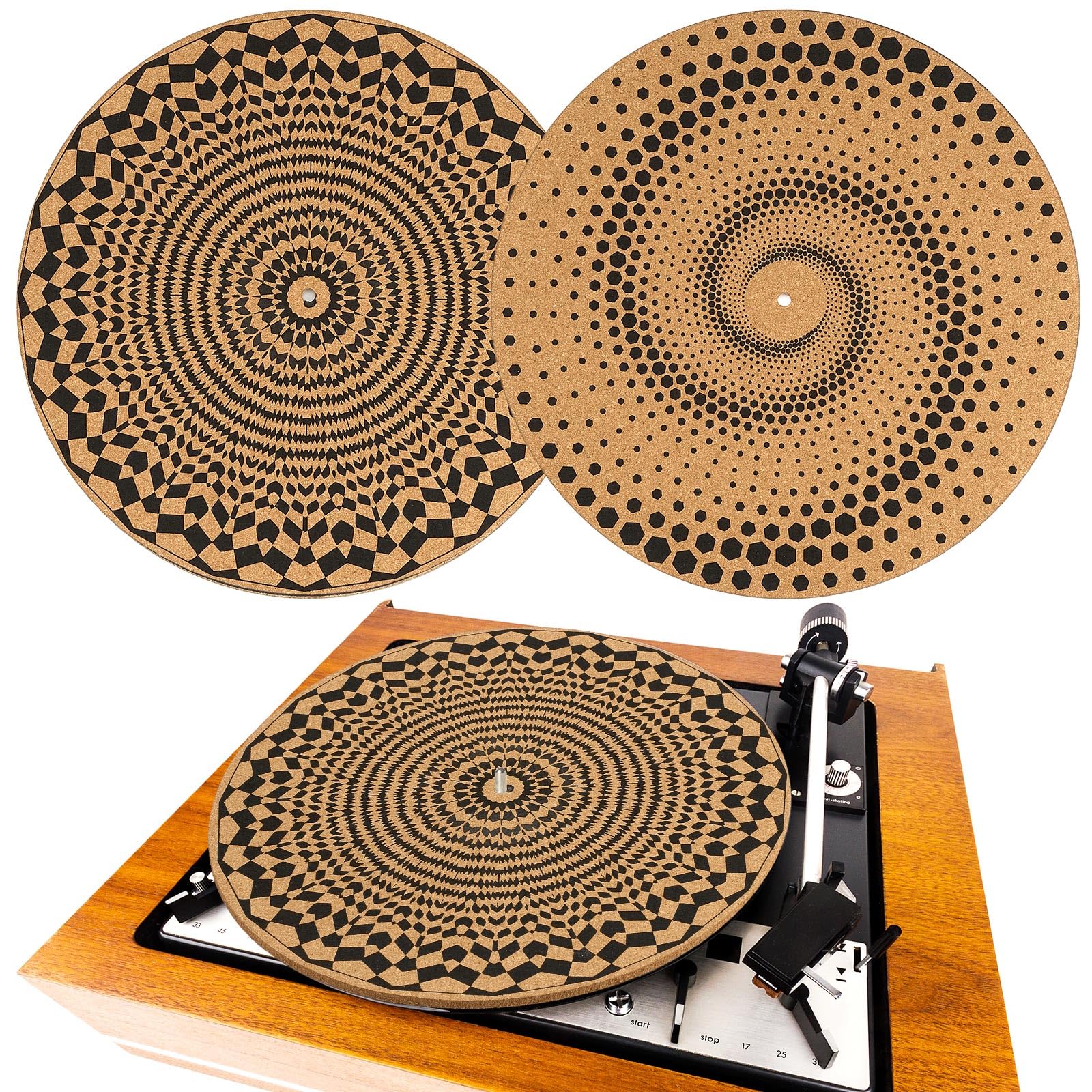 Briwooody 2 alfombrillas de corcho para tocadiscos de 3 mm de grosor para un mejor soporte de sonido en tocadiscos de vinilo LP de 11.8 pulgadas, tapete giratorio psicodélico geométrico para discos de