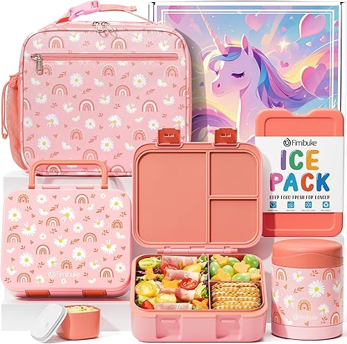Fimibuke Lonchera Bento para niños con tarro para alimentos, contenedor de almuerzo para snacks de 32OZ con 3 compartimentos, bolsa de almuerzo R2.