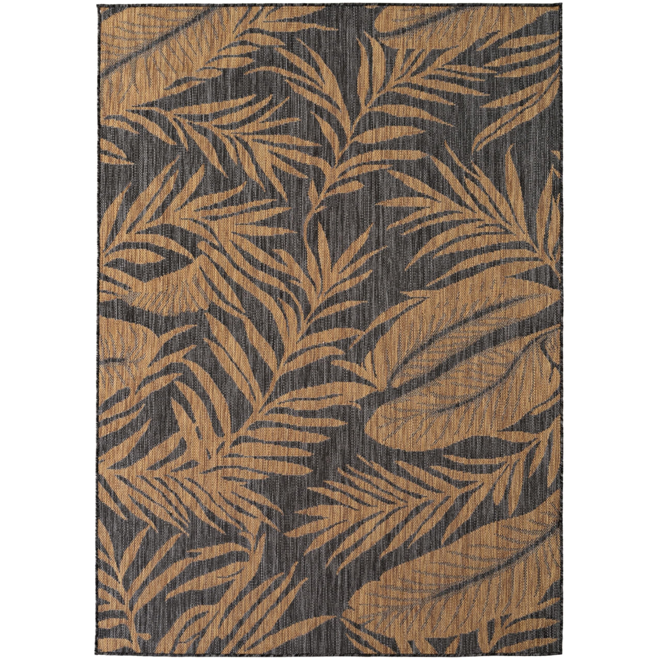 HomebyHome Tapis Extérieur Noir Effet Jute 200x280 cm Balcon Terrasse Jardin Résistant UV Grand XL Motif Palmier Tissage Plat