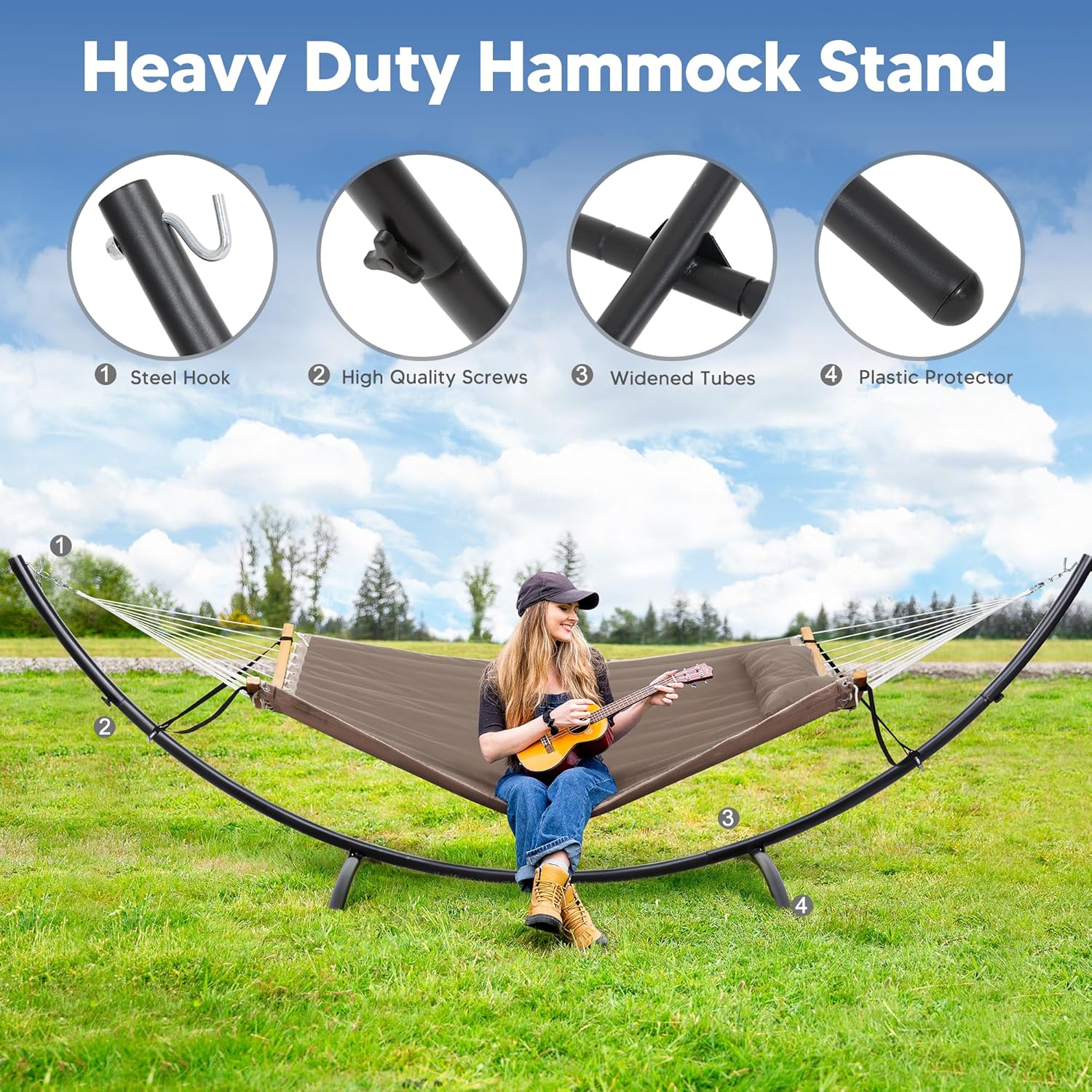 SUNCREAT Hammocks Standing Patio Hammock, Portable Hammock with Stand Foldable, Patent Pending, Brown