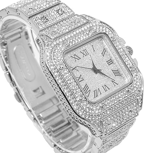 Miniatura 5 de Halukakah Mens Watch - The King - 18K GoldPlatinum Plated, 40MM Square Dial, Iced Out Wristband, with Cuban Link Chain Necklace and Bracelet Set