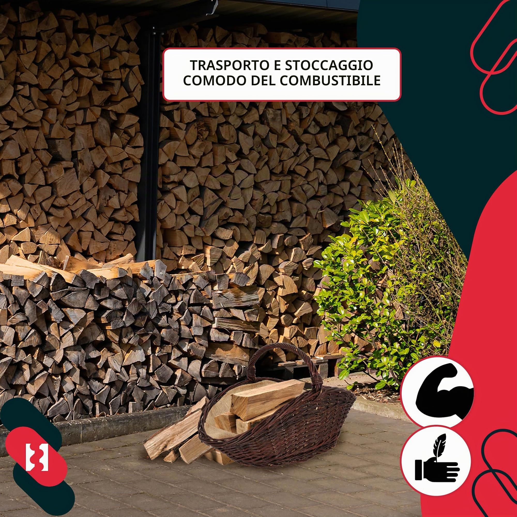KOTARBAU® Cesto Vimini - Cesta Porta Legna Camino - 64 x 40 x 39 cm - Marrone Scuro - Cestino in Vimini con Manico - Cesta Legna - Rustico - Robusto - per Interni