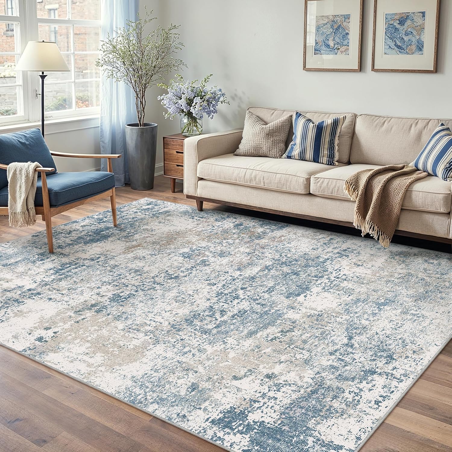 Blue 5x7 Area Rug Washable Modern Abstract Living Room Carpet Non Slip Neutral Low Pile Soft Contemporary Aesthetic Indoor Rug for Kitchen Office Laundry Bedroom Dining Room